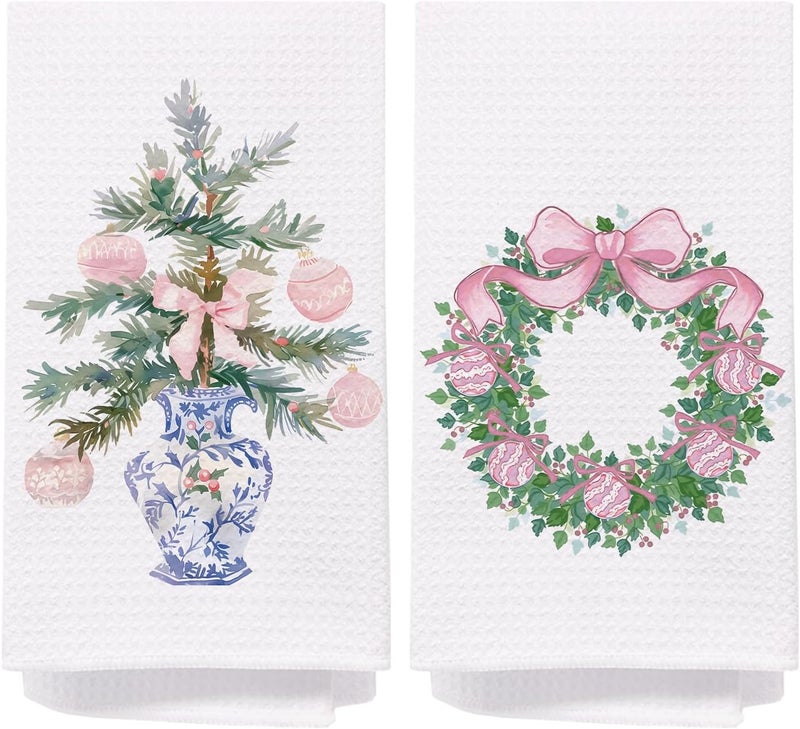 SPBL&L Chinoiserie Christmas Kitchen Towels,Light Blue Bow Coquette Christmas Tree Dish Towels for Kitchen Bathroom, Blue Christmas Hand Towels for Kitchen,Set of 2 Grandmillennial Decor,16x24 Inches - Image 1